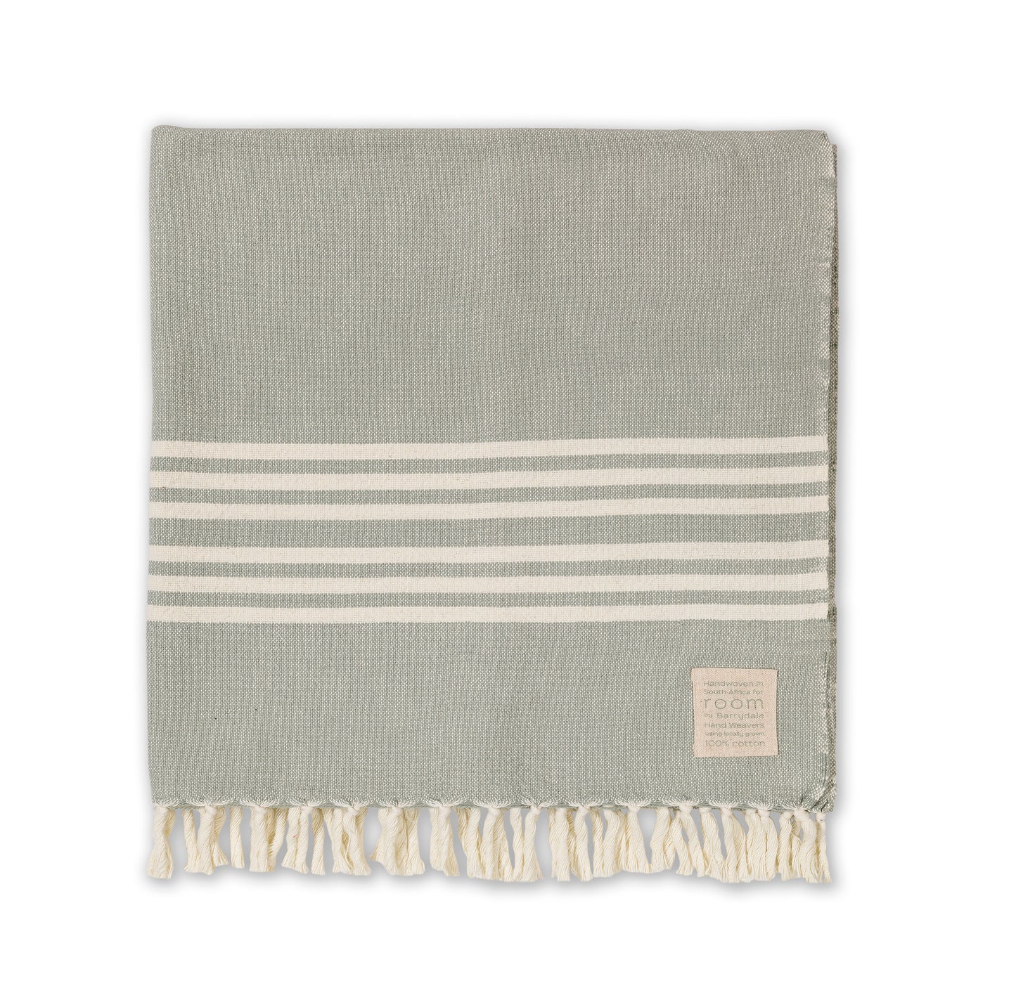 The Barrydale Hand Weavers' 100% Cotton Hand Towel in The Room Key's green and grey is a handwoven textile crafted from 100% locally sourced, unbleached cotton. Measuring approximately 85cm in width and 160cm in length, this towel offers ample coverage for various uses.