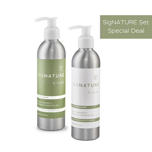 Natural shampoo and conditioner bundle by The Room Key, infused with essential oils and housed in minimalist 100ml bottles β part of the sigNATURE scent collection. Luxurious, locally made hair care set displayed with earthy, elegant styling.
