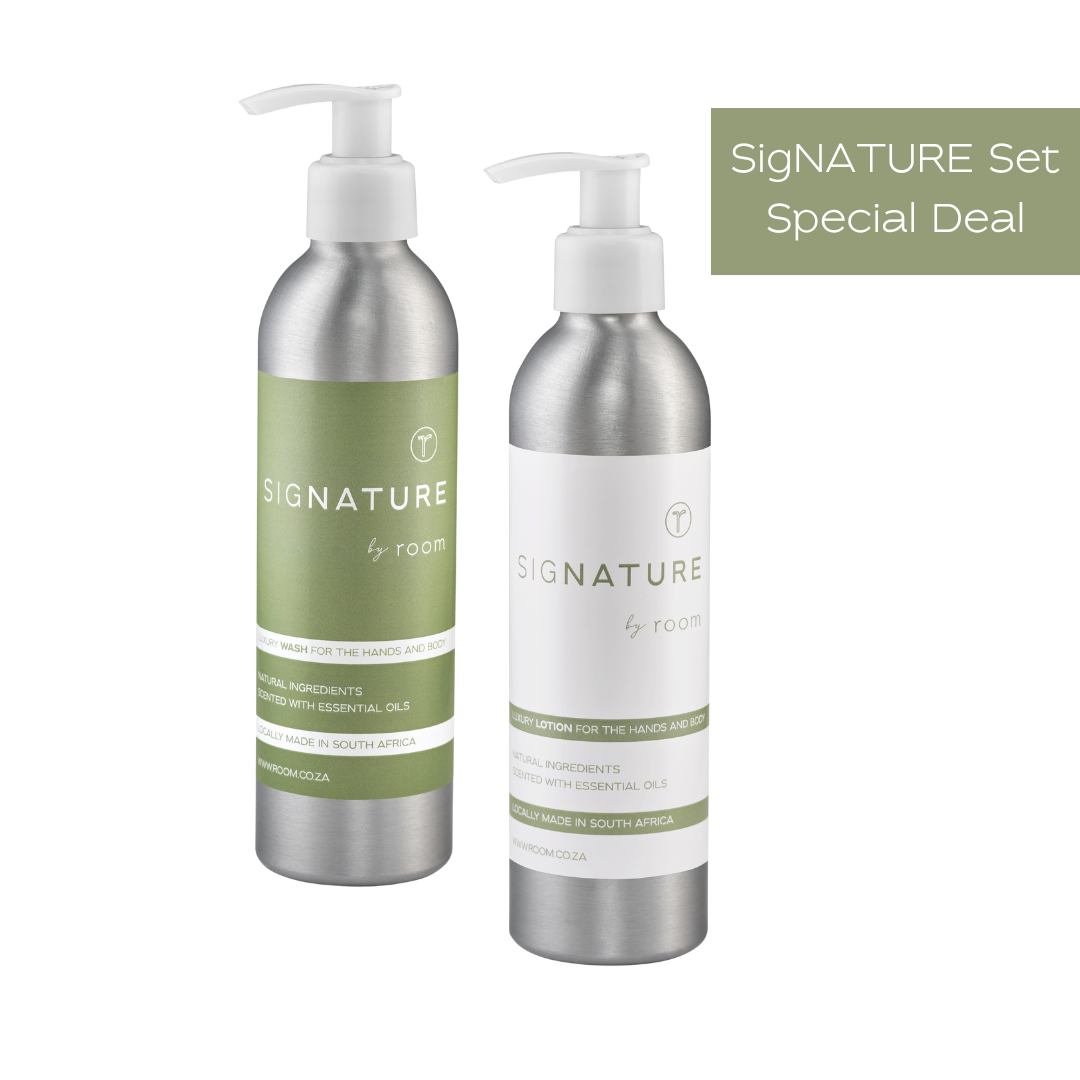 Natural wash and lotion bundle by The Room Key, featuring 100ml bottles with minimalist design and infused with essential oils — part of the sigNATURE scent collection, locally made for luxurious everyday care.