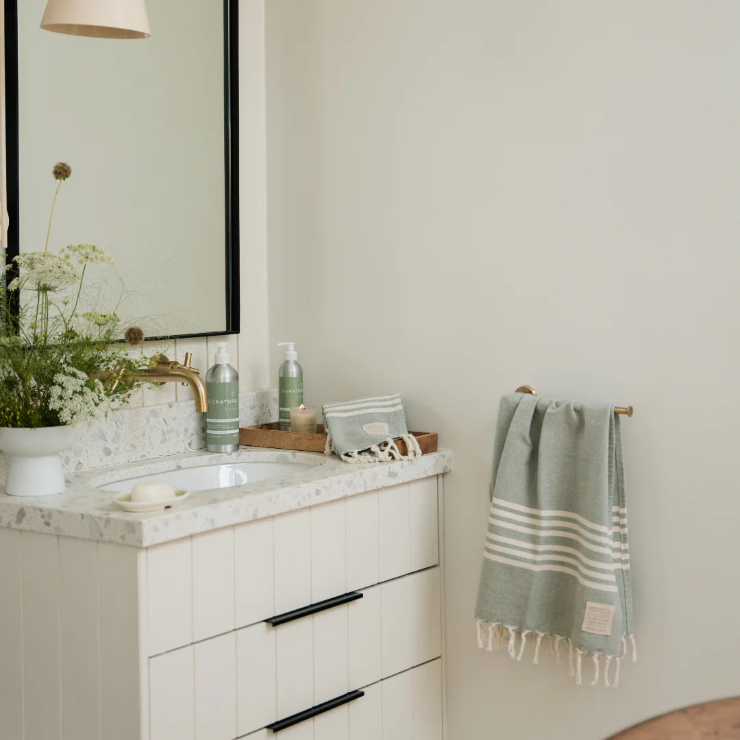 Handwoven Cotton Green Hand Towel + SigNATURE Scent Wash and Lotion Gift Box