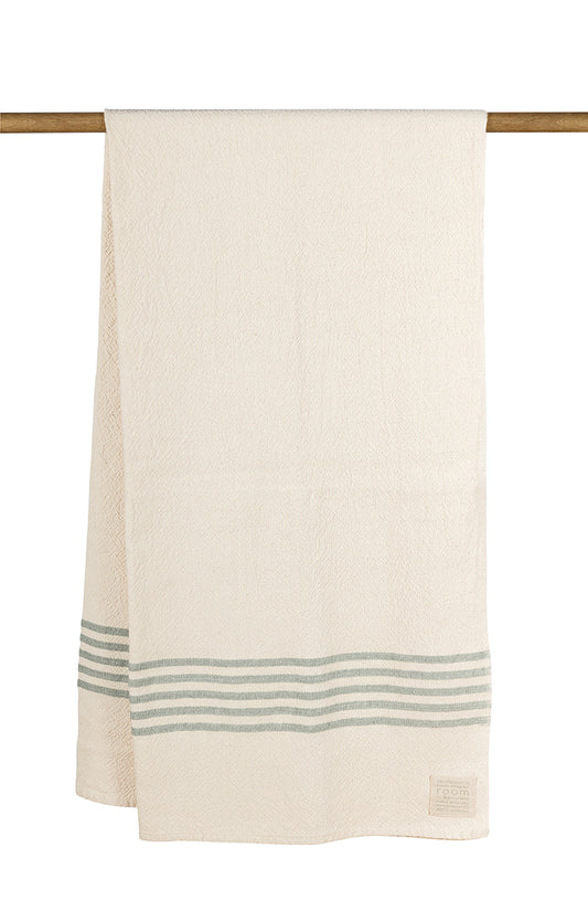 Large Cream & Green Stripe Edged 100% Cotton Towel