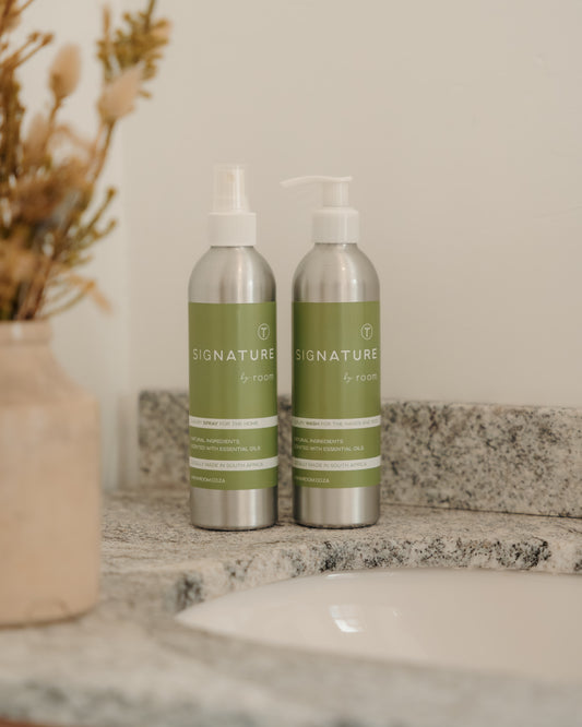 sigNATURE Room Spray and Wash duo, naturally fragranced with essential oils like Neroli and Vetiver. A luxurious, locally made pairing that gently cleanses and refreshes — free from SLS, parabens, palm oil, and synthetic chemicals.